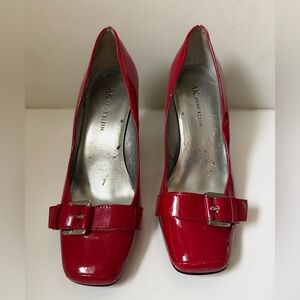 Anne Klein Glossy Patent Leather Heels with Silver Buckle, Red, 6.5.